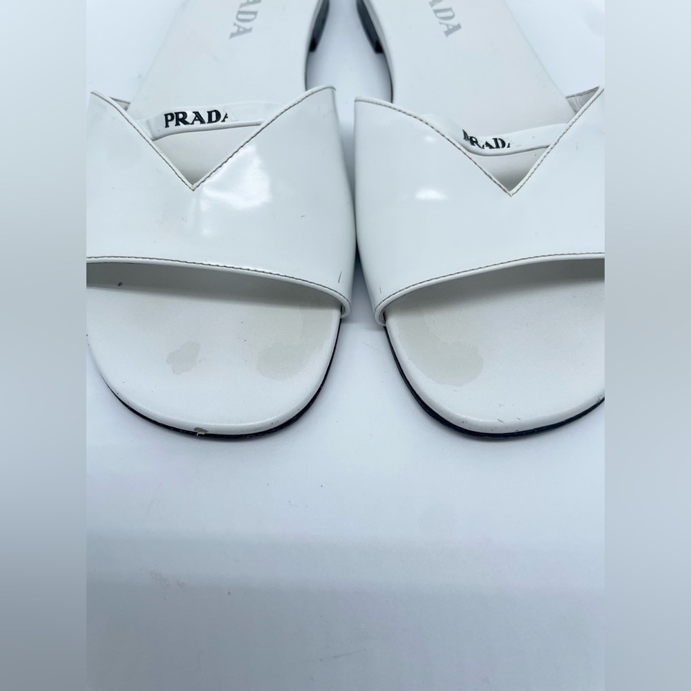Prada White patent leather logo slide sandals EU 38.5 - Picture 6 of 13